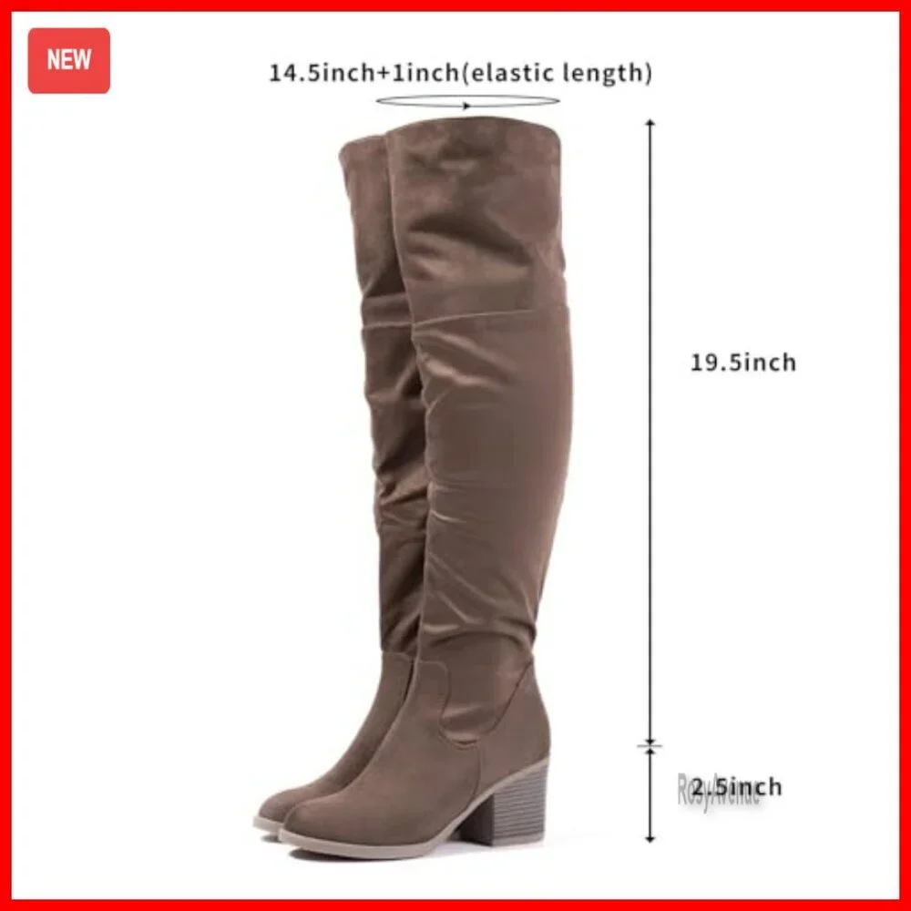 Thigh High Boots with Block Heel, Side Zipper, Faux Suede Material